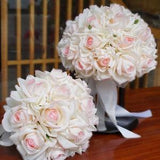 White With Pink Real Touch Roses 12"/30cm Bridal Wedding Bouquet, Bridesmaid Corsage ,Groom Bestman Boutonniere