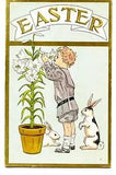 Little Boy Smells Lily Flower Plant-Bunny Rabbit-Vintage Easter Holiday Postcard