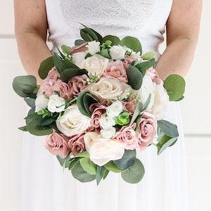 Dusty Rose Blush Ivory Wedding Bouquet, Boho Bridal Bouquet Silk, Artificial Rose eucalyptus bouquets, Faux Flowers For Weddings