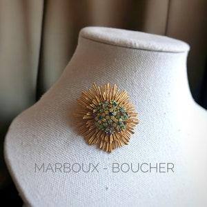 RARE Mid 50s Signed "MARBOUX" By BOUCHER Atomic Starburst Sunflower Rhinestone Brooch - Textured Matte Gold - Space Age Sputnik Pin