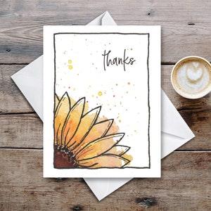 Watercolor Sunflower Thanks Card & Envelope to show gratitude to Friend, Co-Worker, Teacher - Blank Card 4.25??x5.5?? New