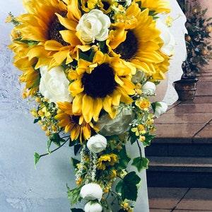 Artificial Sunflower Bridal Bouquet, Sunflower Bridal Flowers, White or Ivory Ranunculus and Sunflower Wedding Flowers