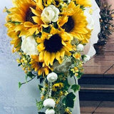 Artificial Sunflower Bridal Bouquet, Sunflower Bridal Flowers, White or Ivory Ranunculus and Sunflower Wedding Flowers