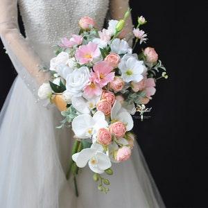 Silk Peach Ivory Peony bouquet/Wedding Cascading Bouquet/butterfly flower bouquet/eucalyptus bouquet/bride bridesmaids bouquet/garden bouque