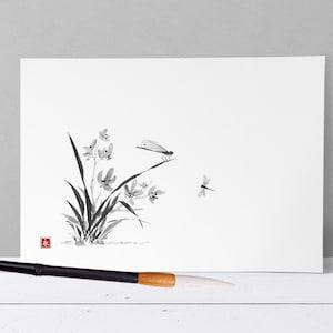 Orchid and Dragonfly - Fine Art Print of beautiful watercolor Japanese Sumi-e inspired painting - signed by artist; Size A4 on rice paper