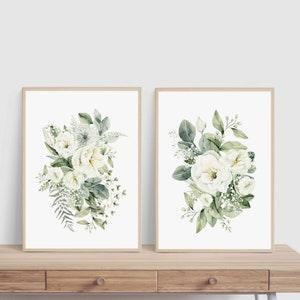 White Rose Bouquet Set of 2, Watercolor Flowers, Bedroom Wall Decor, Living Room Wall Art, Home Decor Gift, Greenery Bouquet, Rose Print