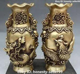10" Marked China Bronze Dragon Phoenix Tree Peony Flower Vase Bottle Pair Statue