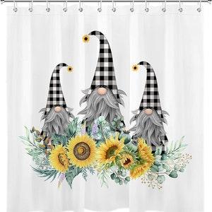 Sunflower Shower Curtain Gnomes Shower Curtains,Spring Floral Botanical Bath Curtain with Hooks Daisy Bathroom Decoration,Size W*H