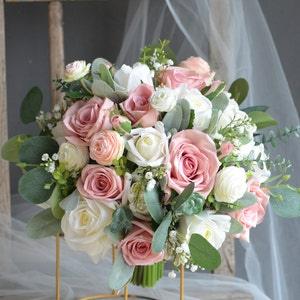 Faux Real Touch Rose Pink/White Roses Wedding Bouquet, Pink Boho Spring Summer Bridal Bouquet/Bridesmaids, Dusty Pink Corsages