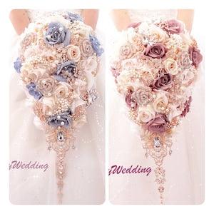 Dusty Blue/ Dusty pink Wedding Bouquet, blush pink and rose gold cascading silk flowers Brooch Bouquet