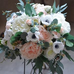 Rustic Blush Peach Bridal Bouquets, Real Touch Anemones, Peach Peonies,  Ranunculus, Bridal Bouquet Eucalyptus Loose Bouquet Shape