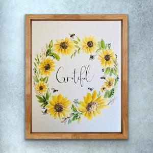Watercolour Sunflower and Bumble Bee Grateful Sign, Bees and Sunflower Harvest Sign, Grateful Handlettering Sunflower Wreath