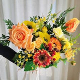 Premium silk flower bouquet, yellow orange theme bouquet with real touch anemone, roses, sunflower,  ranunculus, tulip, maple branches