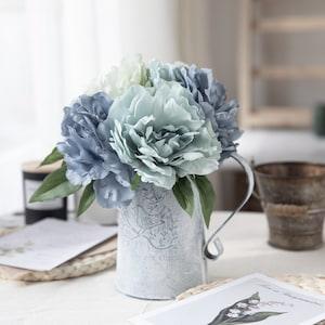 Dusty Blue Artificial Peony Silk Flowers Bouquet 11'' Tall for Wedding Decoration, Table Centerpieces, Anniversary Floral Arrangement