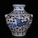 14.4" Old yuan dynasty Porcelain Blue white peacock peony flowers Beast head pot