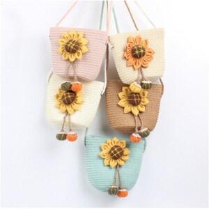 Children Sunflower Straw Bags Beach Bag Summer Bag Hand-Woven Girl Shoulder Bag Eco-Friendly Travel Bags Cute Youthful Style Crossbody Bag