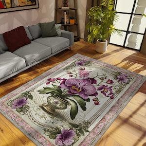 Art Deco Orchid Rug For French Country Or Boho Home Decor, Orchid Plant Decor, Persian Style Bordered Printed Washable Rug, Non-slip Rug