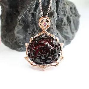 Natural Inlay Blood Peony Flower Pendant Necklace Hemopelt Pendant