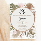 Boho Tropical Orchid Birthday Invitation, Modern Monstera Palm Leaf Invitation, Printable Lunch Dinner Party, Dried Plant Editable Template