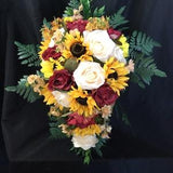 Sunflower Bridal Bouquet - Edmonton Wedding - Ivory Roses - Burgundy Roses - Artificial Wedding Bouquet - Affordable Wedding Flowers