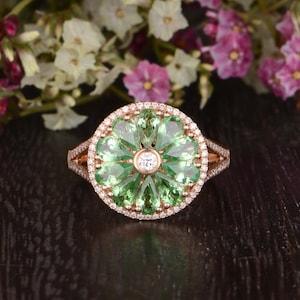 Tsavorite Cocktail Ring Unique Engagement Ring Floral Tsavorite Ring Sunflower Antique Pear Shaped Bezel Set Diamond Cathedral Setting Ring