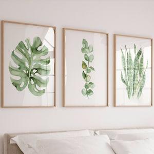Set of 3 leaves, Watercolor green leaves, living room decor, kitchen decor, gallery wall art, botanical wall art, leaves wall art, leaf art