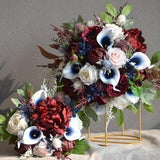 Navy Burgundy Wedding Bouquet, Real Touch Roses, Peony, Calla Lily, Handmade Faux Flowers Burgundy Blue Blush Bridal Bouquets