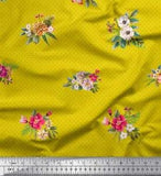 Soimoi Yellow Cotton Poplin Fabric Dot & Peony Floral Print Fabric-Sck