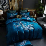 Blue Peony Flower Embroidery Egyptian Cotton Silk Duvet Cover Bed Fitted Sheet