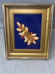 VINTAGE DRIED FLOWERS WALL ART UNDER GLASS 5 X 5.5" GOLD COLOR METAL FRAME