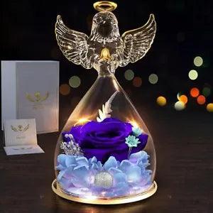 Glass angel figurine with wings, preserved purple rose in dome, warm LED glow base