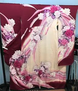 Japanese Kimono Silk Furisode Vintage Traditional flower pattern peony flower