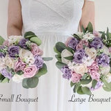 Wedding Bouquet Boho Purple Pink Custom silk Flowers, Spring Rose Eucalyptus Bridal and Bridesmaids Bouquets, Artificial wedding bouquets