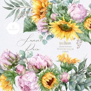 Sunflower clipart, Peonies clipart, Eucalyptus clipart, Greenery clipart, Watercolor Bouquets, Bohemian Boho Flowers, Wedding Invitations