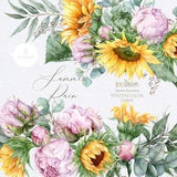 Sunflower clipart, Peonies clipart, Eucalyptus clipart, Greenery clipart, Watercolor Bouquets, Bohemian Boho Flowers, Wedding Invitations
