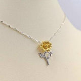 Two Tone Pave Sunflower Necklace; 925 CZ Sun Flower Necklace on Silver Chain; Gold Sunflower Necklace with Silver Leaves, Infinity Close