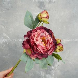 Dried Look Huge Peony with 2 Buds Stem | High Quality Artificial Flower | Centerpieces | DIY Floral | Wedding/Home Decoration | Gifts - Red