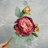 Dried Look Huge Peony with 2 Buds Stem | High Quality Artificial Flower | Centerpieces | DIY Floral | Wedding/Home Decoration | Gifts - Red