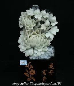 14" Chinese Natural Xiu Jade Carved Fengshui Peony Flower Wealth Statue