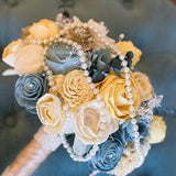 Vintage Bridal Bouquet - Wooden Flowers - Timeless Vintage Wedding Collection - Blue and Yellow - Made to Order