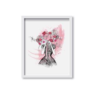 Flirting in Floral - Fashion Illustration Print, Fine Art, Wall Art Print, Poster Illustration, Home decor, Flower Art, Fashion Art, Bouquet