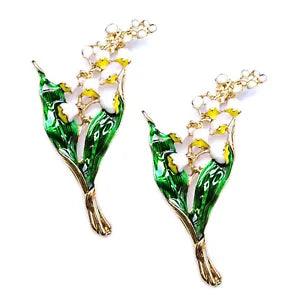 2pcs Brooch Lily of The Valley White Flower Gold Green Leaves Elegant Lovely Pin