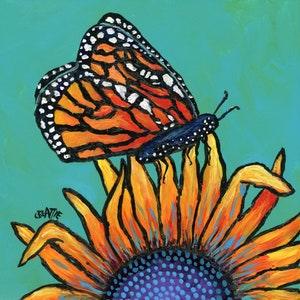 Butterfly and Sunflower Art Print, Colorful print of original painting, 8" x 8" on thick paper, monarch, flower, whimsical, wall art