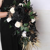 Black gold ivory roses wedding bouquet, black gold ivory green cascading bouquet gothic black ivory roses wedding bouquet black gold wedding