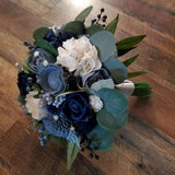 Navy Blue Bridal Bouquet, Blue Sola Wood Flower Bouquet, Navy White and Dusty Blue Thistle Bridal Bouquet, Navy Blue Wedding Flowers,