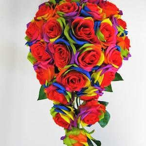 Rainbow Rose, Rainbow Rose Wedding Bouquet, Multicolor Roses Wedding Bouquet, Rainbow Cascade Bouquet, Rainbow Roses, Silk Rainbow Roses