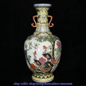 17.2 "Qianlong Marked China Famile Rose Porcelain Dynasty Peony Flower Bird Vase