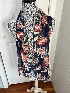 Vintage Navy Blue and Red Patterned Scarf with Floral Motif Carnations Flower