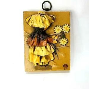 Vintage Square Edges Pressed Lady Holding Flowers Wall Hanging D???cor 7x5