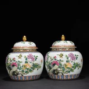 8.7" Old dynasty Porcelain yongzheng mark pair colour enamels peony flowers pot